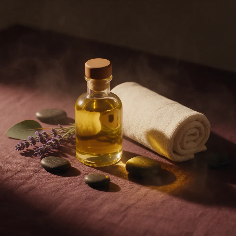 Massageöl, Lavendel und ein gerolltes Handtuch