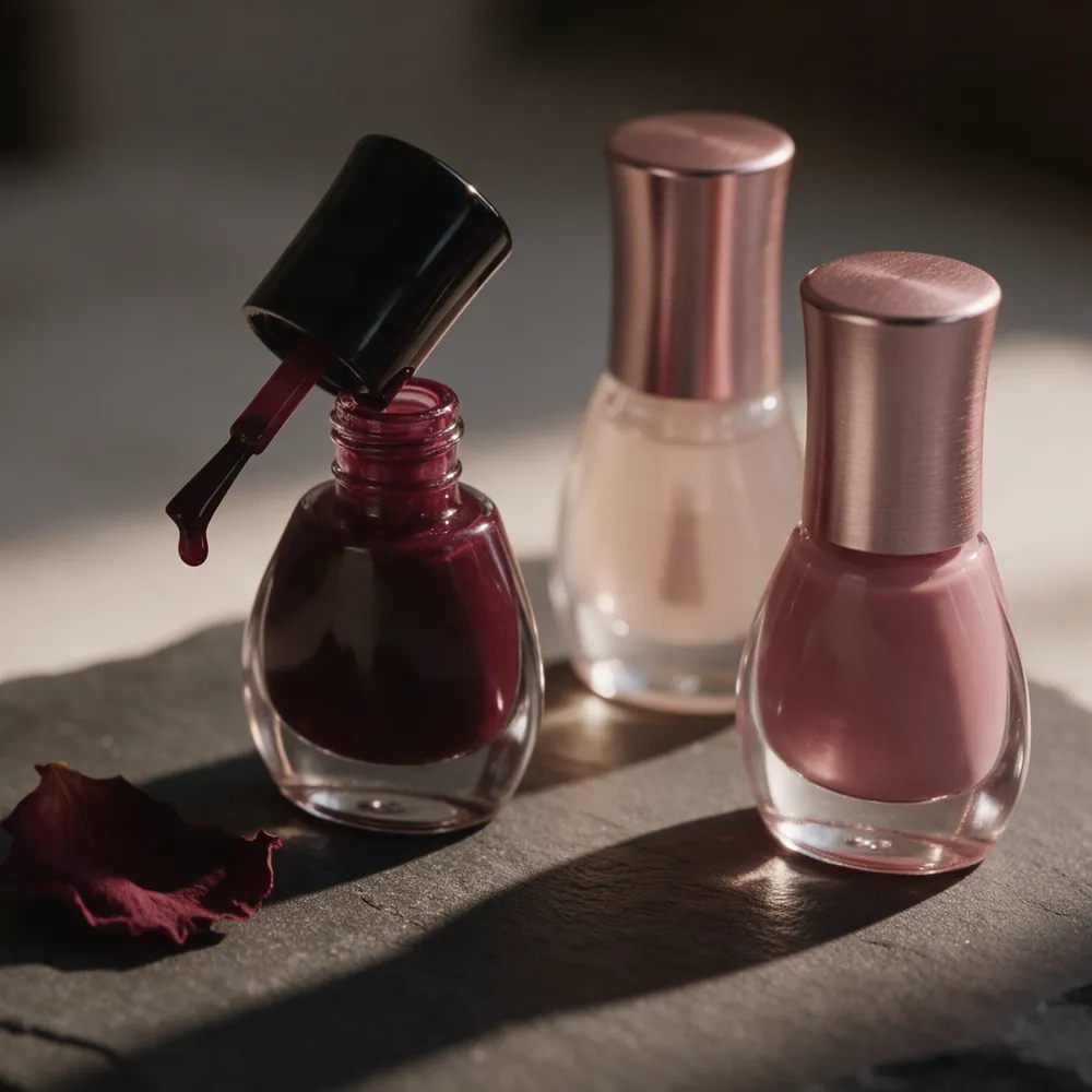 Nagellack in Rosé, Burgund und Nude auf dunklem Stein